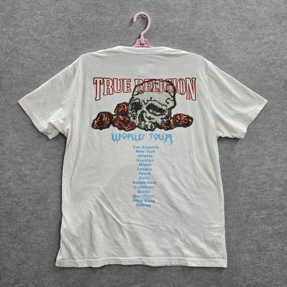 True Religion Men Shirt M White Graphic Skull Tour Short Sleeve Logo‎ Cotton Tee